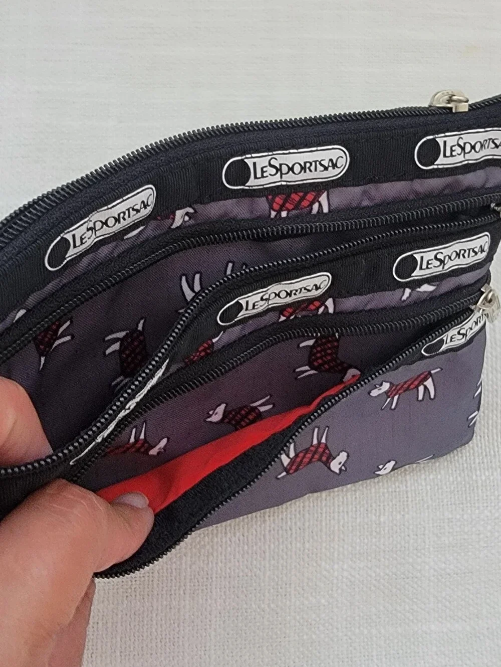 LeSportsac Gray Triple-Zip Pouch with Terrier Toss Print!
